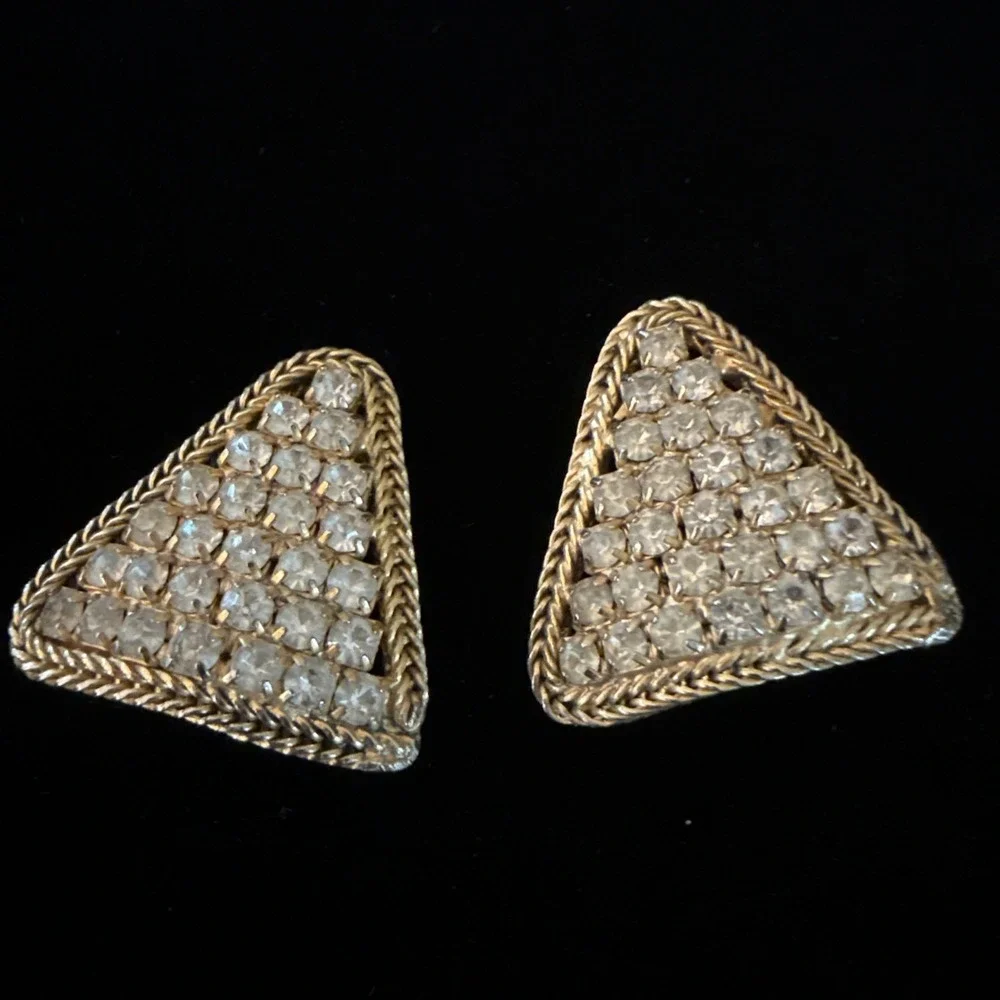 Vintage Signed Hobe' AB Signed Triangle Clip On Earrings 1950's Gold Tone